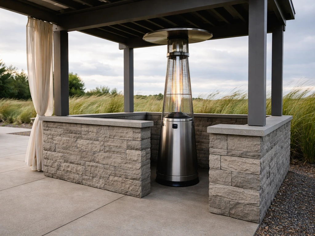 Outdoor patio heater sheltered behind a wind break in a large open windy yard