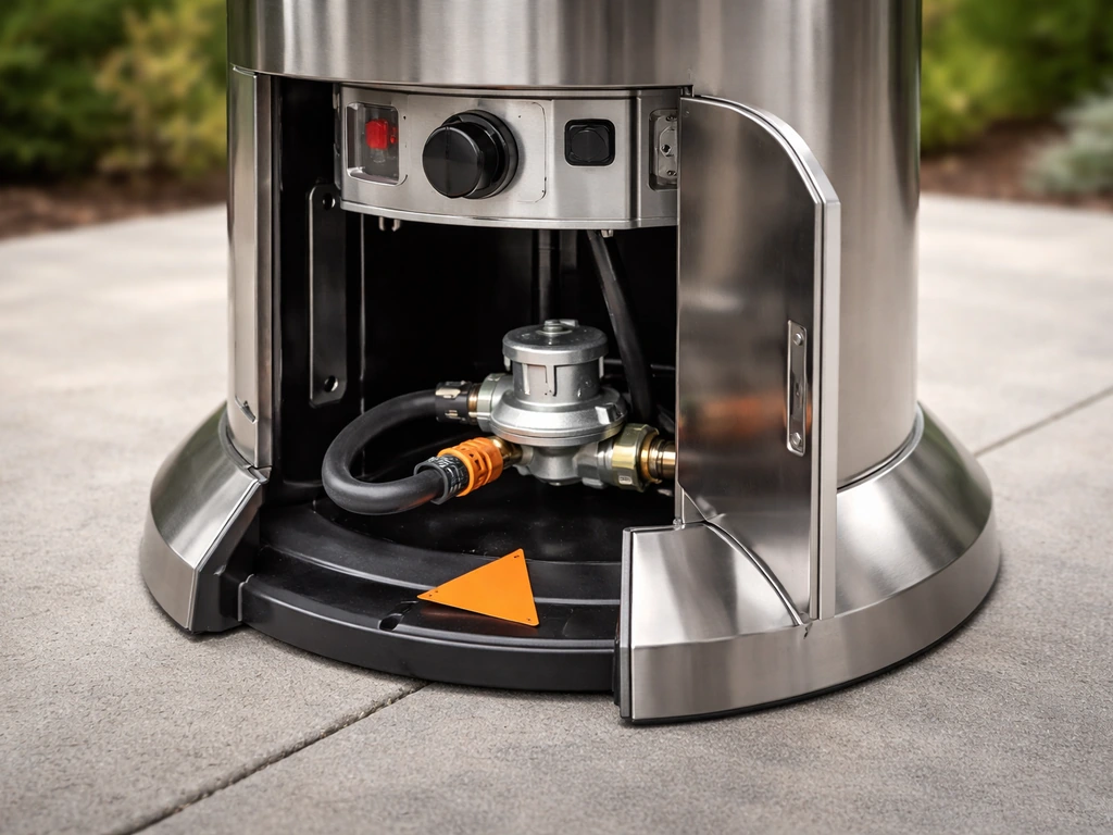 Close-up of an outdoor propane heater showing the tilt shut-off area and secure gas connection hose