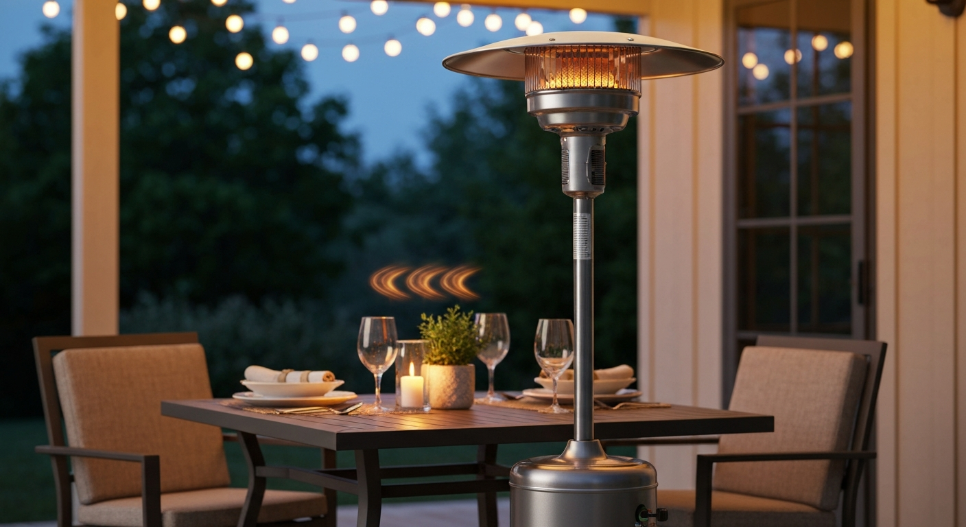 Tabletop propane patio heater on a small outdoor table at dusk, glowing warmly and illuminating two place settings.