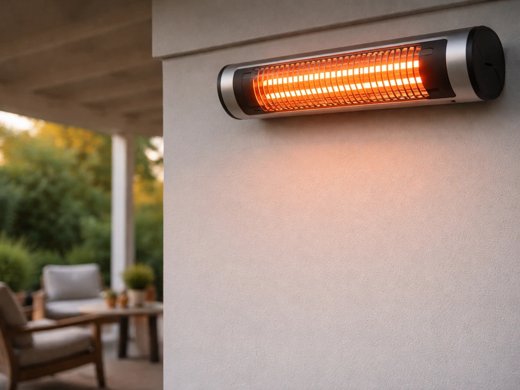 Minimal patio heater sizing scene with a small infrared heater unit and quiet covered patio background