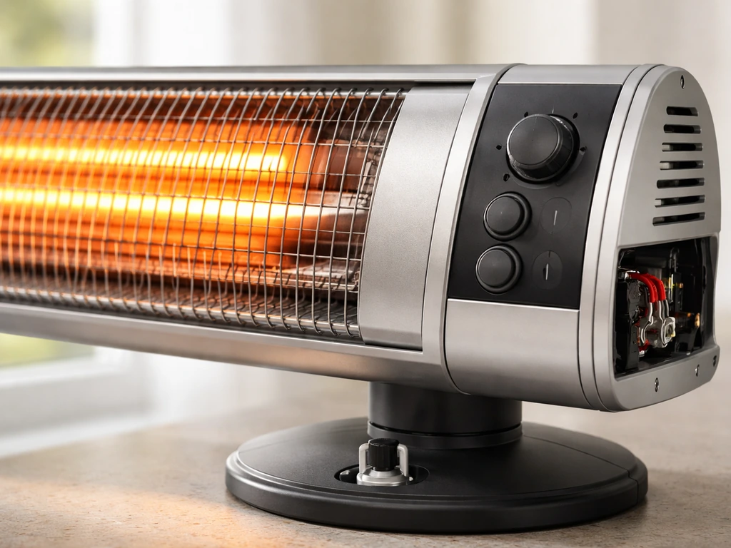 Close-up of an electric infrared heater’s safety grille and weatherproof control panel in a home setting.