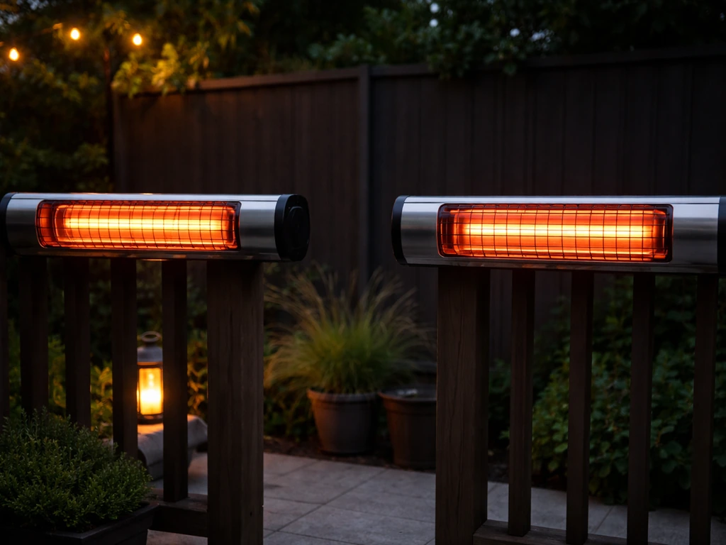 Minimal outdoor patio scene with two electric infrared patio heaters side-by-side under soft daylight.