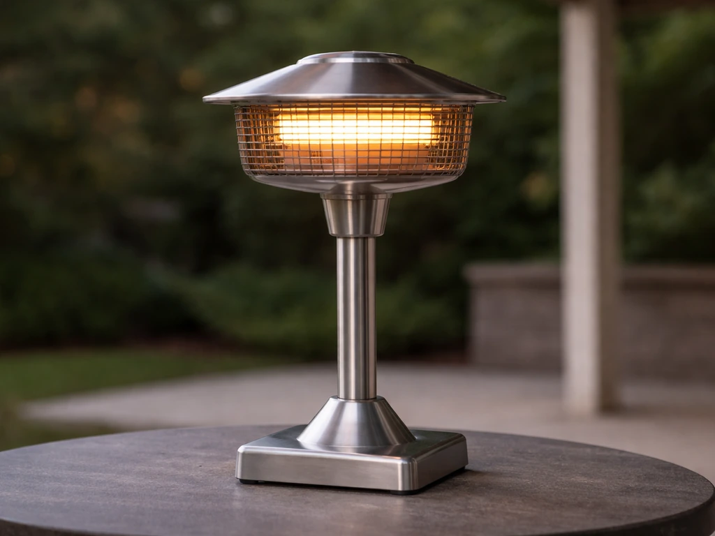 Stainless tabletop halogen patio heater glowing on a patio table with clean reflective metal finish.