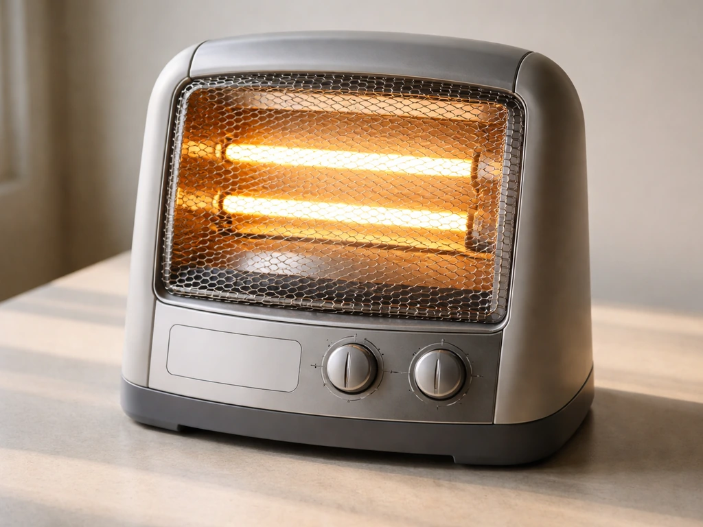 Close-up of a Cimarron tabletop halogen heater with visible heating element and controls