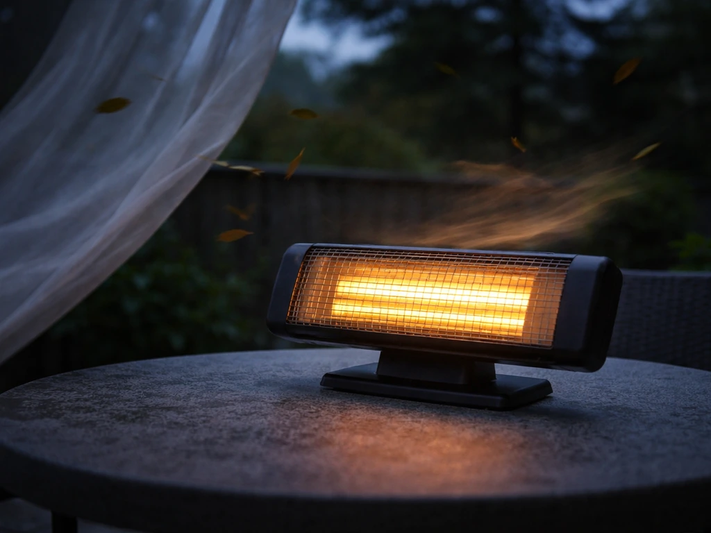A tabletop halogen heater on a windy patio, with fluttering fabric and leaves showing disrupted warmth.