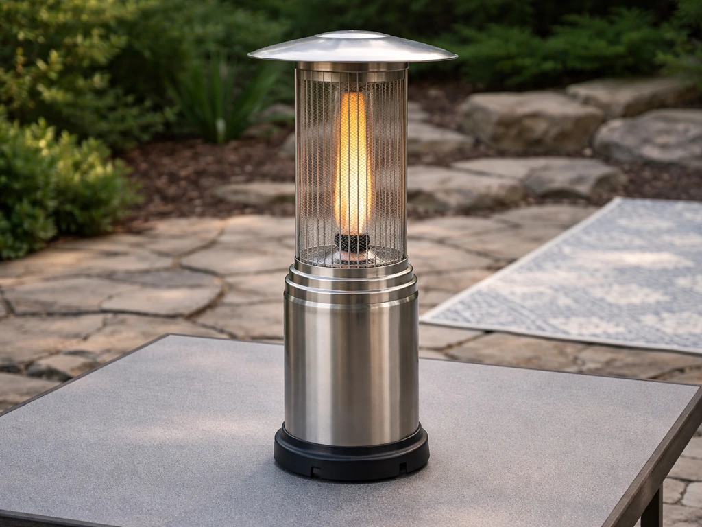 Cimarron-style patio heater centered on a flat patio table with a soft rug and uneven stone blurred nearby