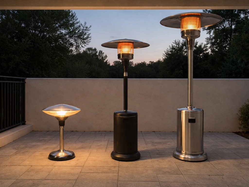 Three patio heater types lined up side by side on a quiet covered patio at dusk.
