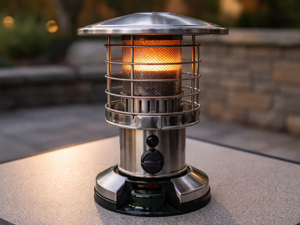 Compact tabletop propane patio heater on a patio table with blurred outdoor background.
