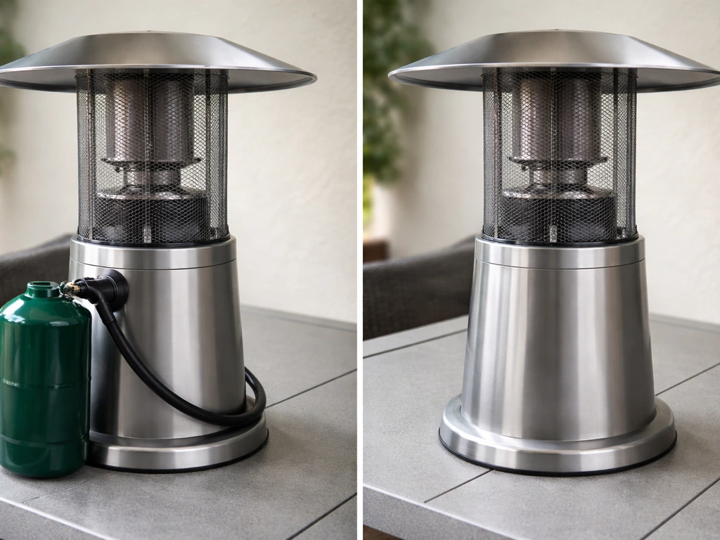 Close view of two propane tabletop heaters—one showing a disposable cylinder hookup, the other showing its heat outlet a