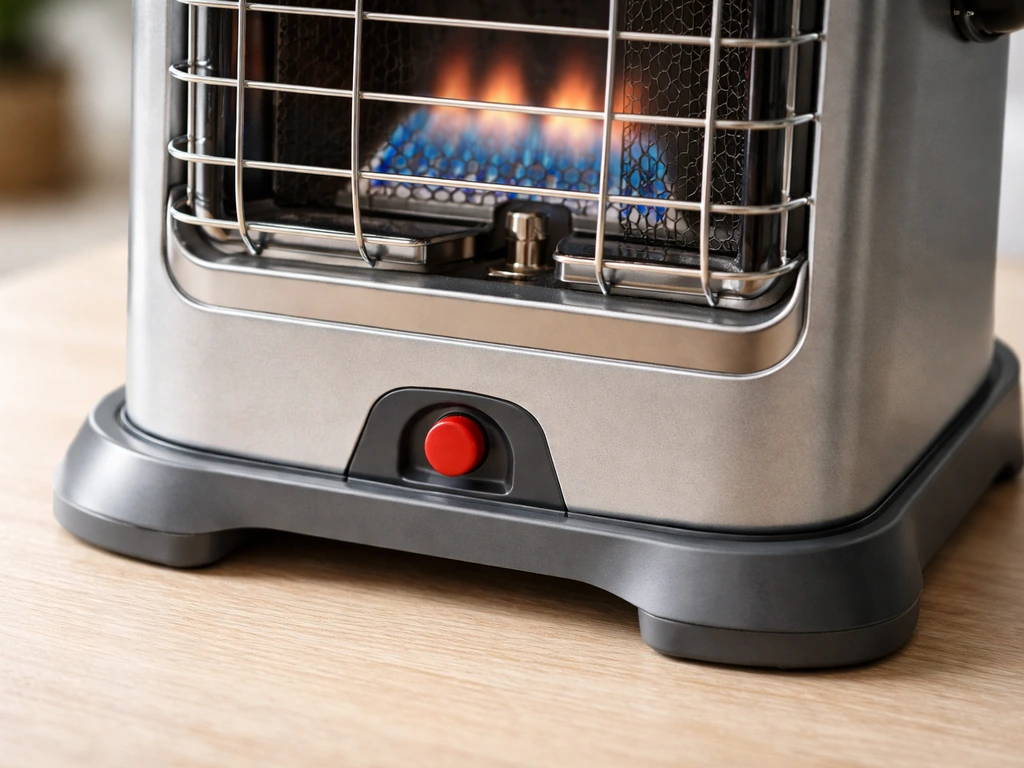 Close-up of a tabletop heater showing anti-tilt base and burner safety sensor area in natural light.