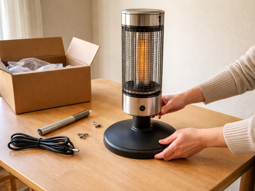 Hands assembling a tabletop heater on a table next to its parts in natural daylight.