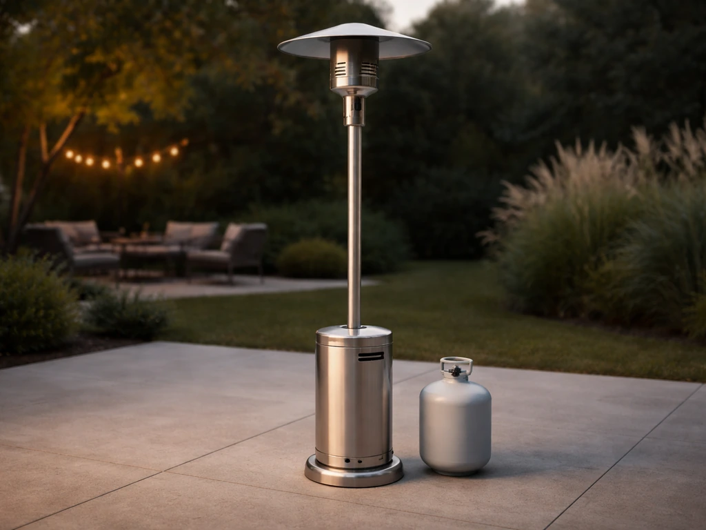 Outdoor patio heater with a separate propane cylinder nearby, showing the tank isn’t included.