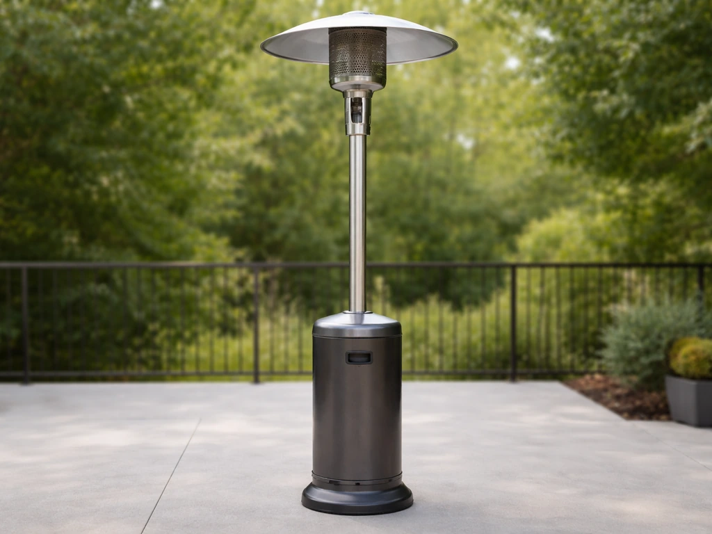 Close-up of an unlit tall mushroom patio propane heater with the burner/diffuser visible on an outdoor patio.