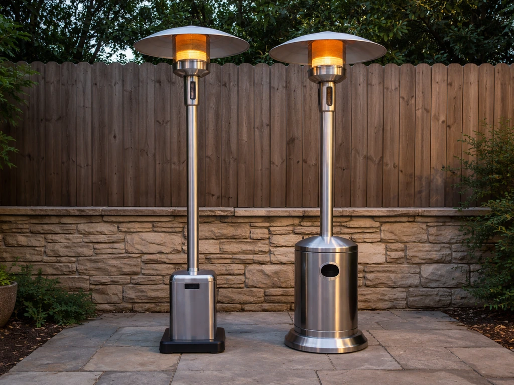 Two mushroom-style induction propane heaters on a patio, highlighting the smaller base and taller column.