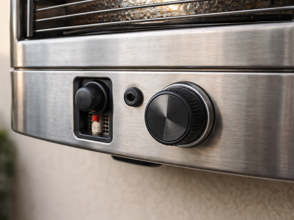 Close-up of a wall-mounted natural gas patio heater’s ignition and control knob area.