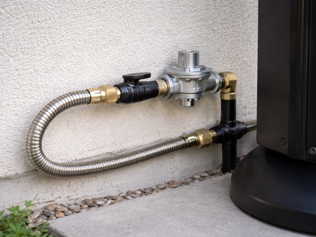 Outdoor natural gas patio heater connection with shutoff valve and regulator fittings near the mount.