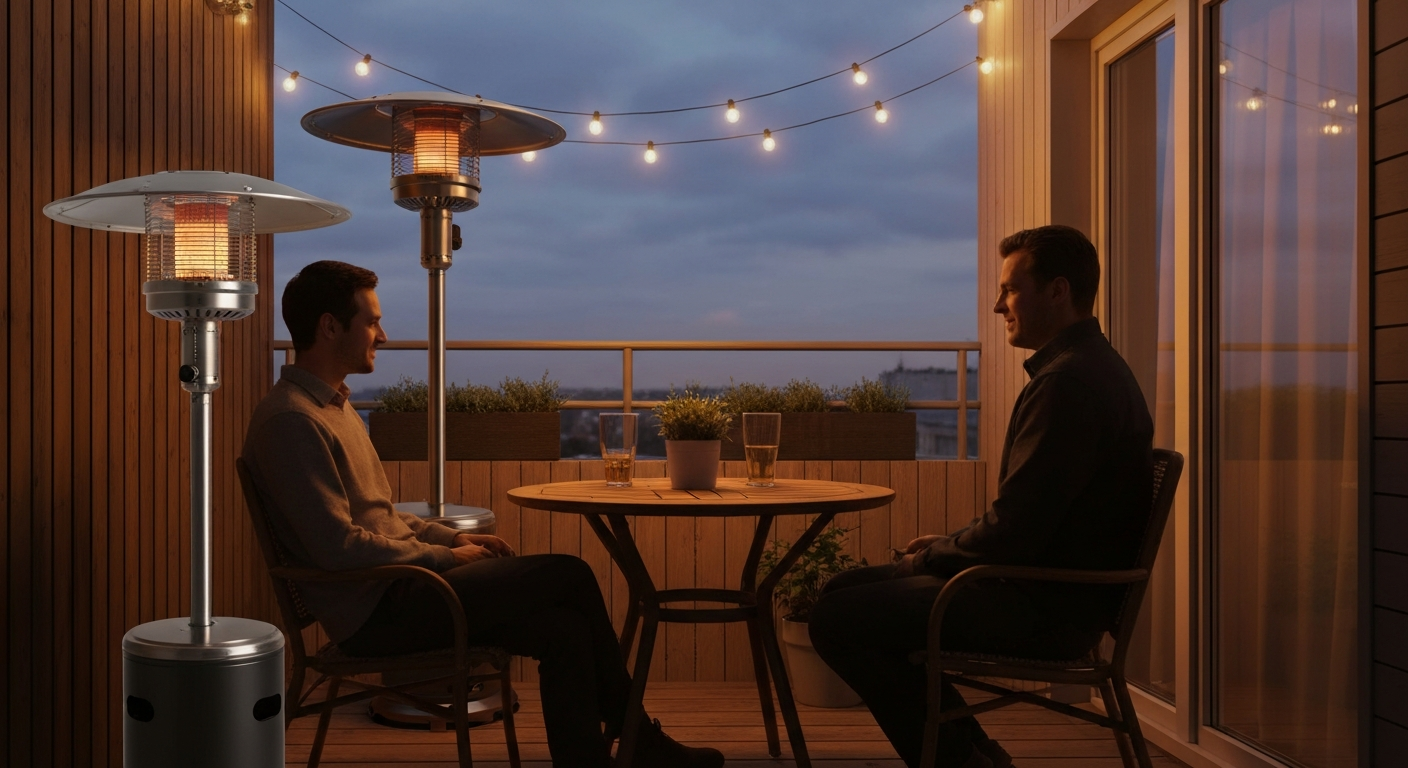 Cozy dusk patio with a tabletop patio heater centered on a bistro table, warming two people; warm glow from the heater and string lights overhead.