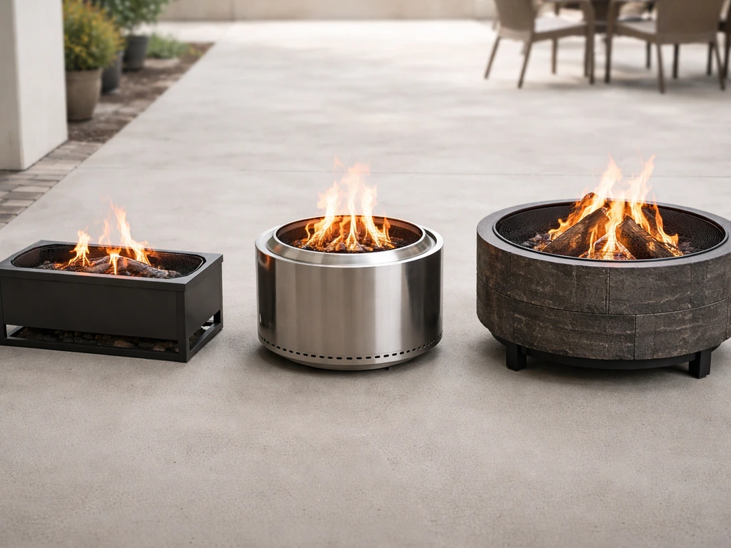 Three Tiki-style patio fire pits lined up side by side on a quiet outdoor patio.