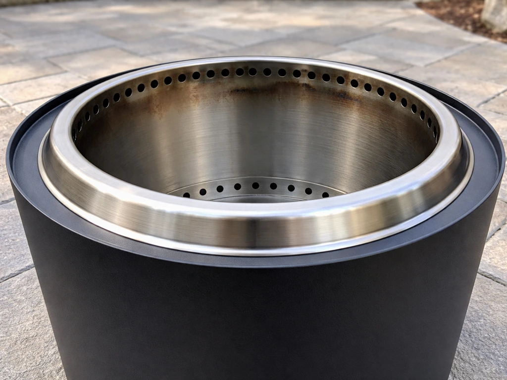 Close-up of a wood-burning fire pit showing black outer metal and stainless inner bowl with vent openings