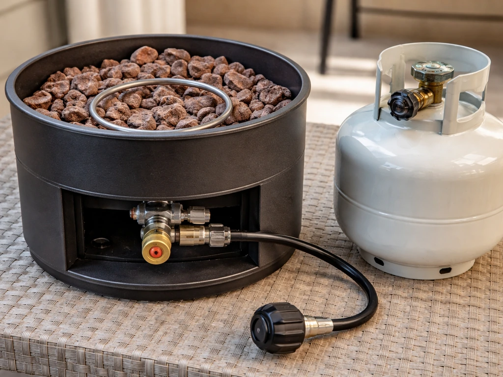Close-up of a propane lava rock fire pit showing burner chamber and detached propane tank beside it.