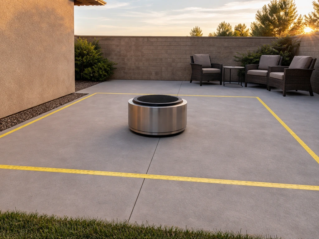 Fire pit on an outdoor patio with clear spacing from walls and furniture, showing safe setup distance.