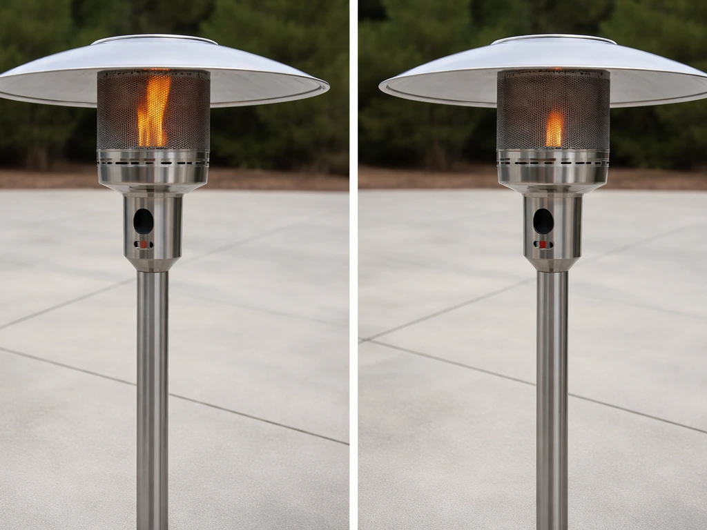 Side-by-side photo of a stainless propane mushroom heater showing higher vs lower flame height for coverage