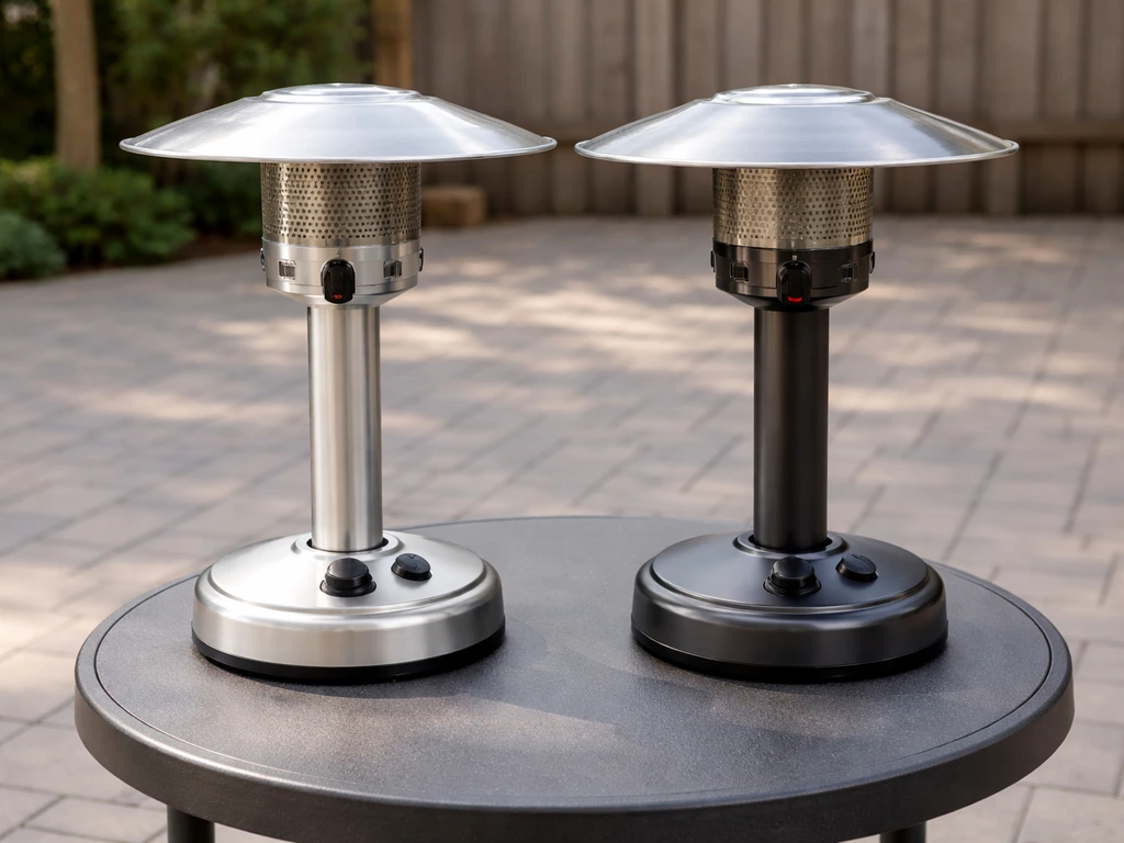 Portable tabletop patio heater with aluminum heat reflector on a patio bistro table in natural light.