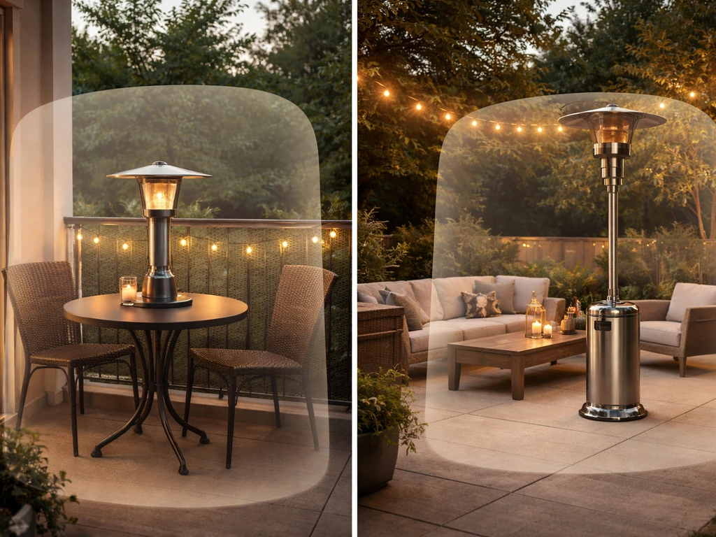 Minimal patio scene showing two heater setups: a small balcony tabletop heater and a larger patio propane tower.