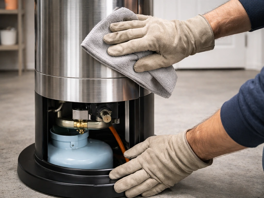 Gloved hands wipe a propane heater’s stainless surface while checking the base on a level floor.