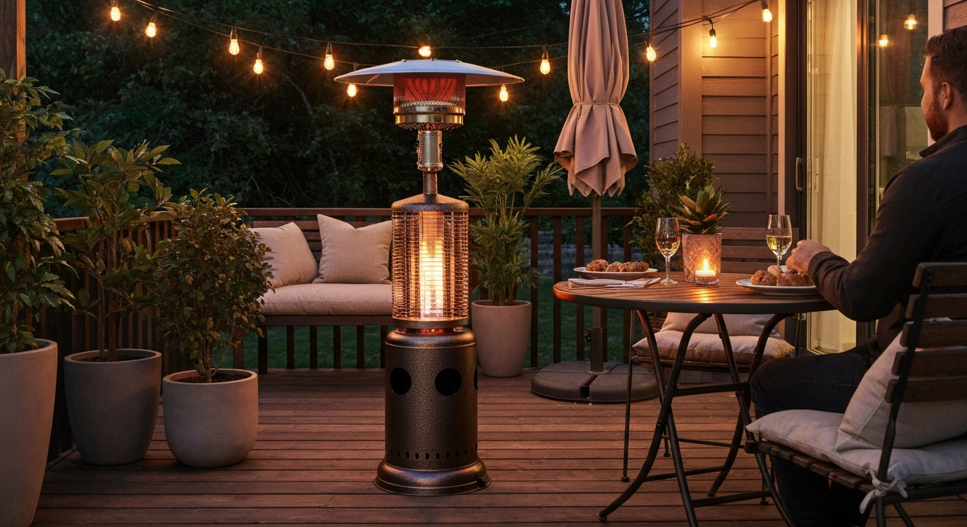 Powder-coated tabletop patio heater on a bistro table at dusk, glowing warmly on a patio
