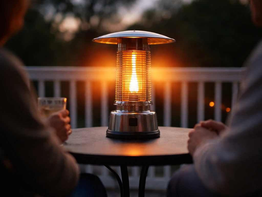Tabletop patio heater on a small bistro table with warm glow directed toward seated guests’ sides.