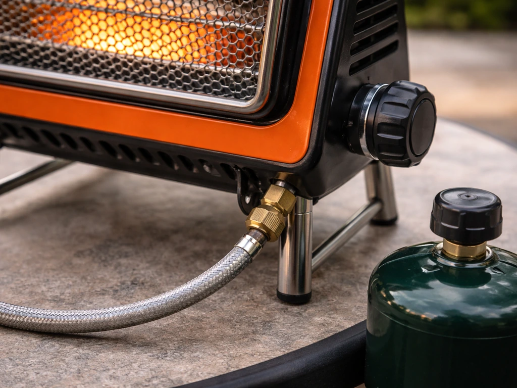 Close-up of a propane tabletop heater on a stand with the small 1 lb LP cylinder connection and control knob.