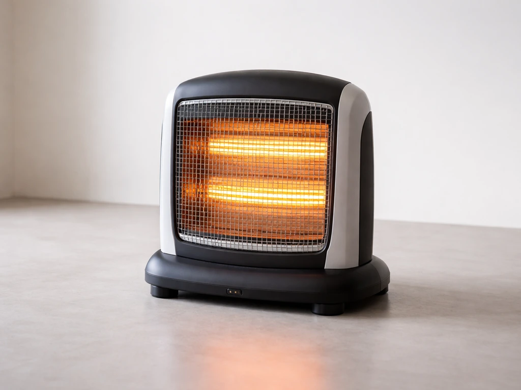 Tabletop electric heater on a stable surface with clear empty space around it for safety.