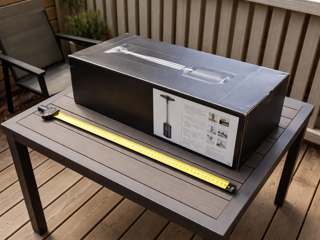 Unopened patio heater box and tape measure on a deck table, checking size and clearance.