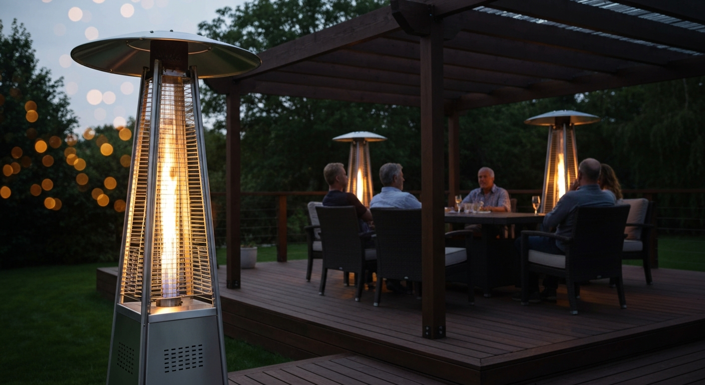 Totum-style pyramid patio heater on a timber deck at dusk with LED glow and people enjoying the warmth.