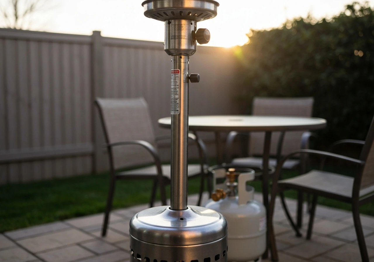 Outdoor patio with a realistic Bernzomatic patio heater and visible burner head and controls.