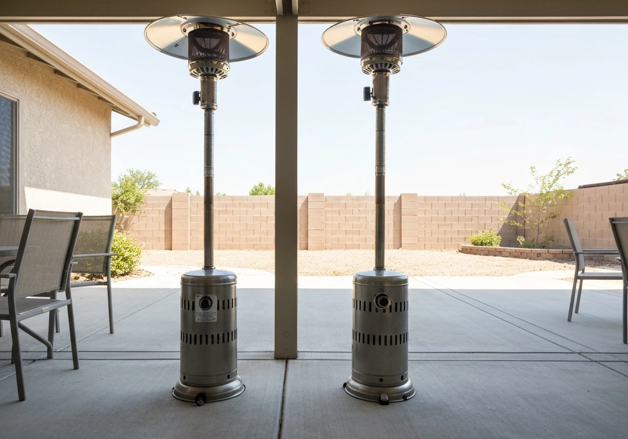 Propane patio heater under a covered patio, with an open backyard space showing airflow limits