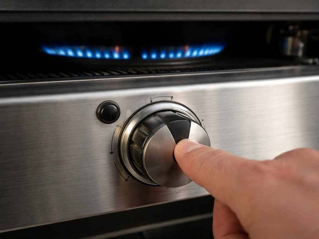 Close-up of a gas grill control knob with push-button piezo igniter and a small flame starting
