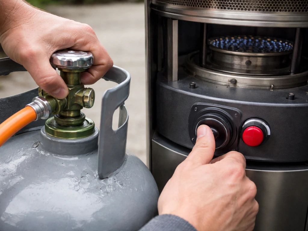 Close-up of a propane tank valve fully open and heater control knob pressed—no flame present.