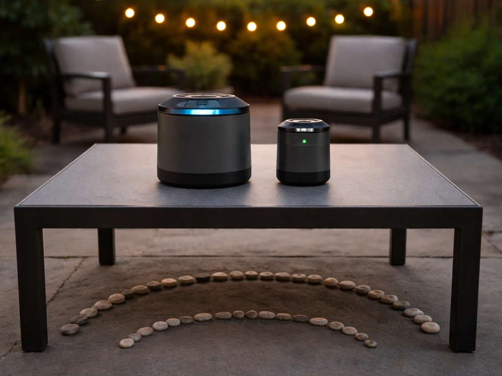 Two anonymous mosquito-repellent devices on a patio table with clear “coverage feeling” distance markers on the ground.
