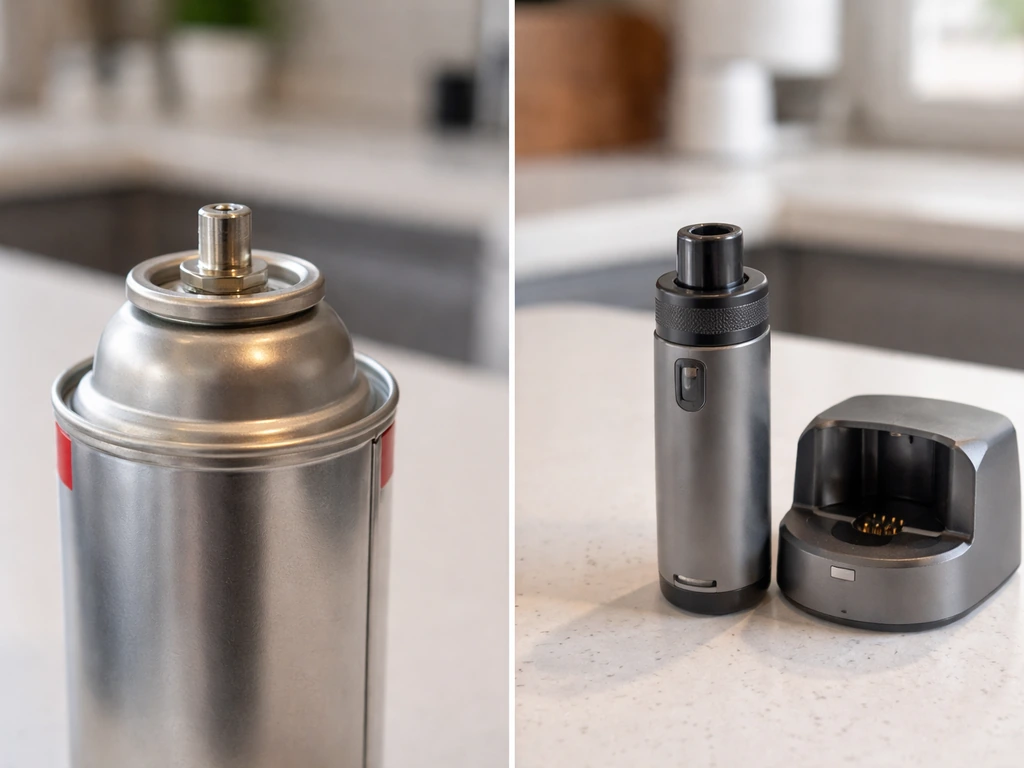 Close-up comparison of a butane fuel cartridge next to a rechargeable device and its charger base.
