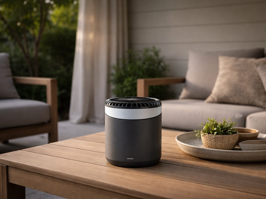 Cartridge-free outdoor pest-control device on a small table in a covered, semi-enclosed patio seating area.