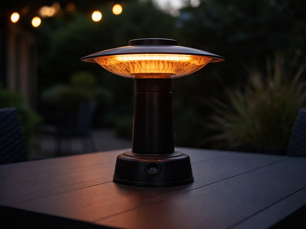 Black tabletop patio heater on a dark outdoor dining table with warm infrared glow at dusk.