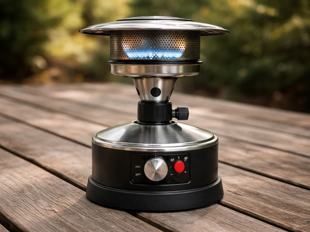 Compact propane tabletop heater with burner head lit on an uncovered outdoor surface