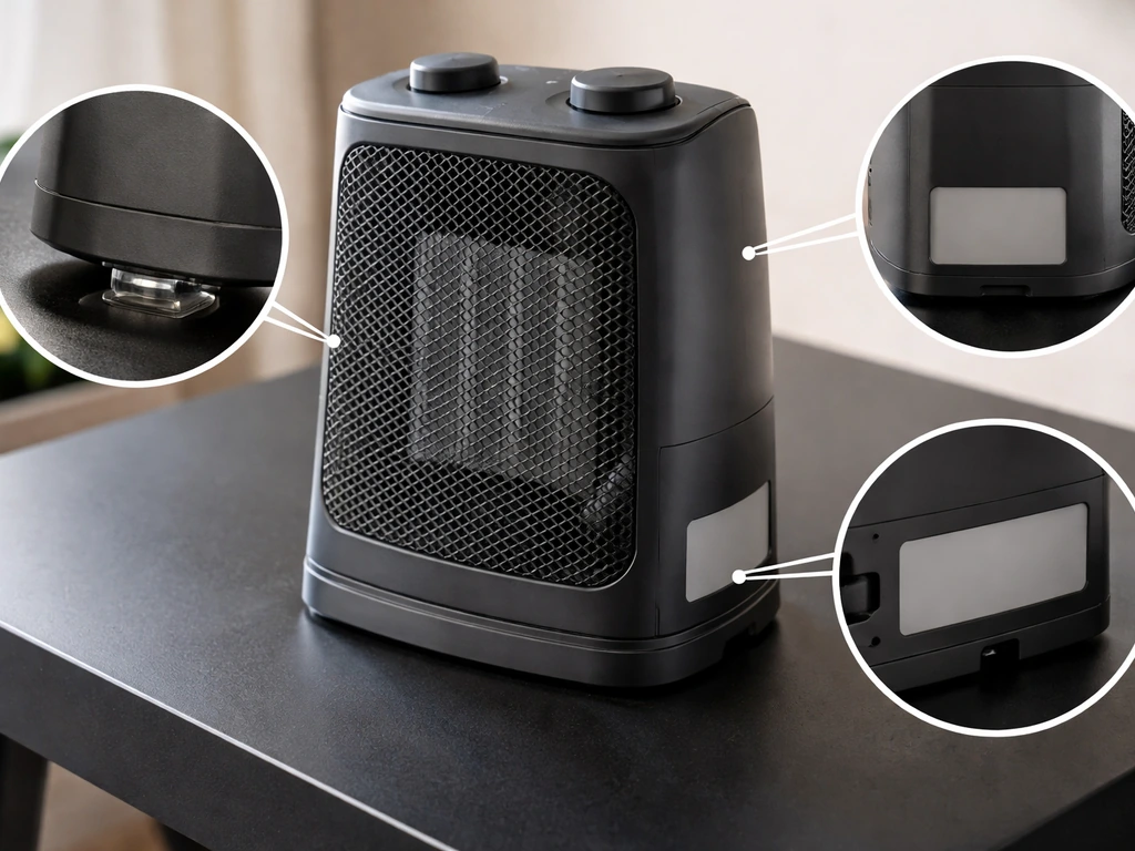 Close-up of a black electric tabletop heater on a table showing certified label areas for safety specs.