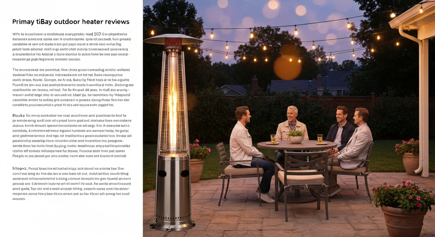 Dusk patio scene with stainless-steel freestanding propane heater warming four people around a table