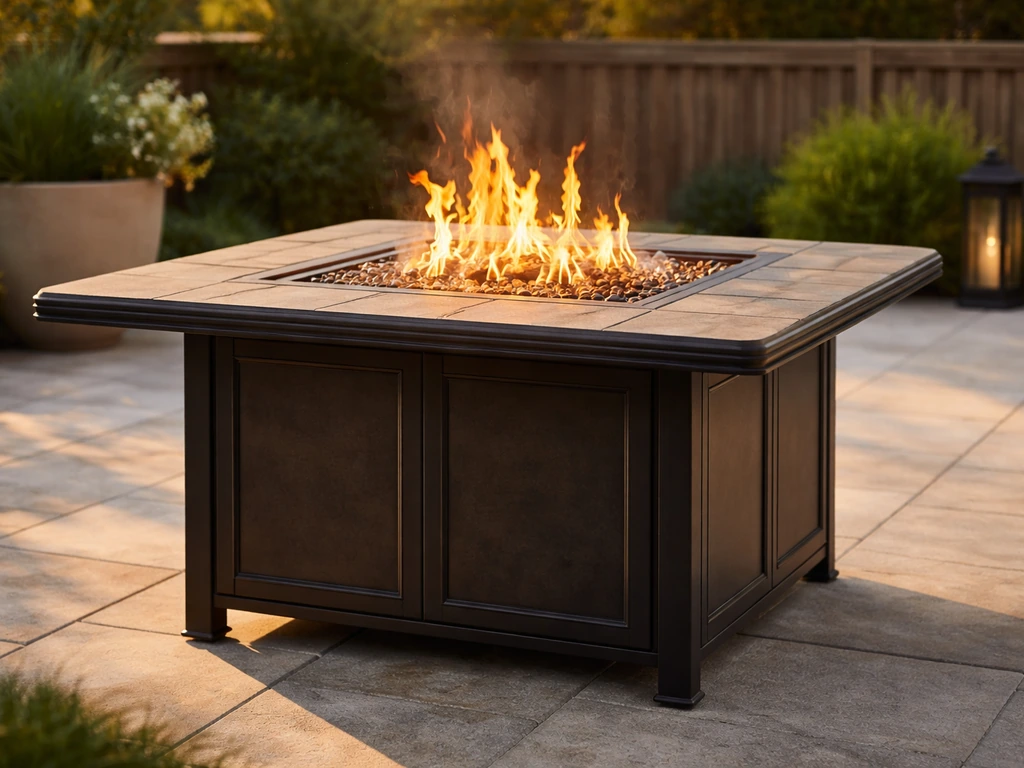 Outdoor patio hero shot of a fire pit dining table with visible flames glowing at golden hour.