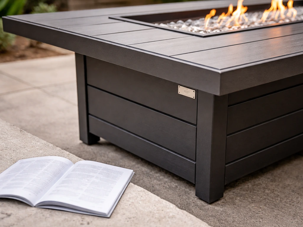 Close view of a Harbor City fire pit dining table corner with visible branding label, manual parts page, and matching fo