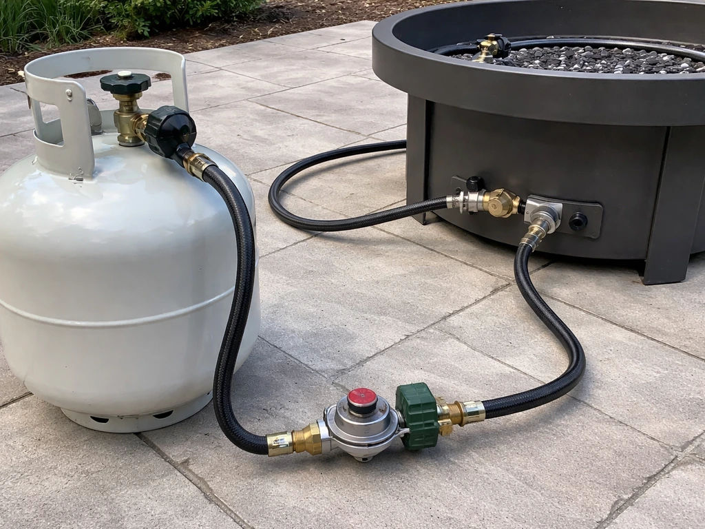 Backyard fire pit with a connected 20-lb propane tank and nearby natural gas conversion fittings.