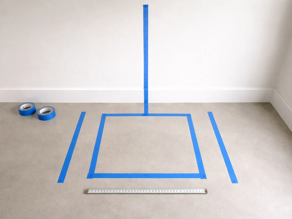 Overhead view of a kitchen appliance placement with taped clearance lines on the floor and ceiling height